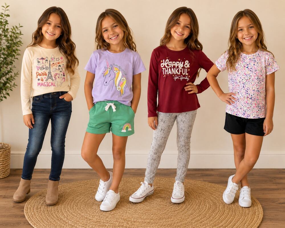 Girls 10 -Piece Lot 7/8 T's, shorts, leggings, jeans, long sleeve t's, hat,socks